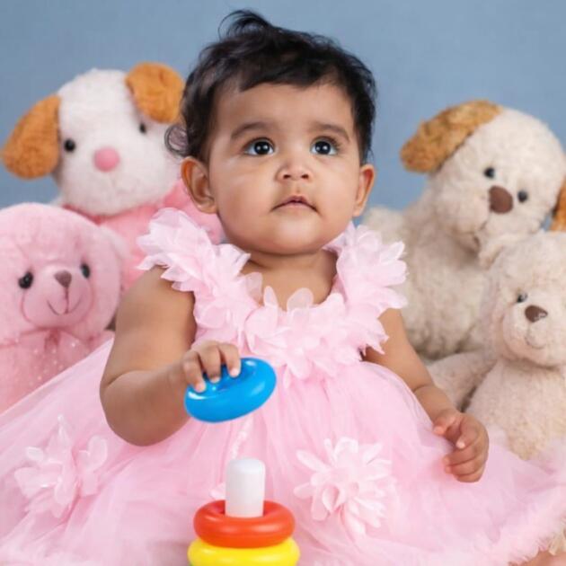 DeeVee Creations New Baby Girl Princess Party Dress with 3D Flower Detailing with free walking shoes