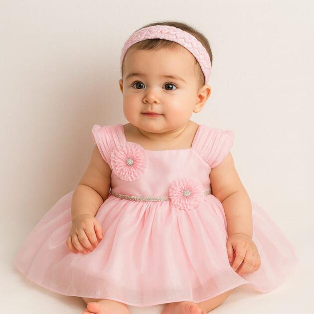 DeeVee Creations New Baby Girl Elegant Party Wear Dress | Soft Satin Bodice with Floral Pearl Details
