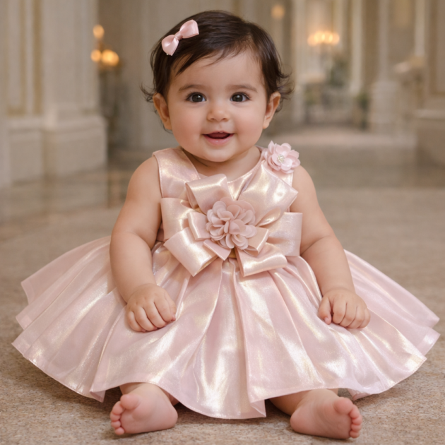 DeeVee Creations New Baby Girl Champagne Shimmer Organza Party Dress with Floral Bow