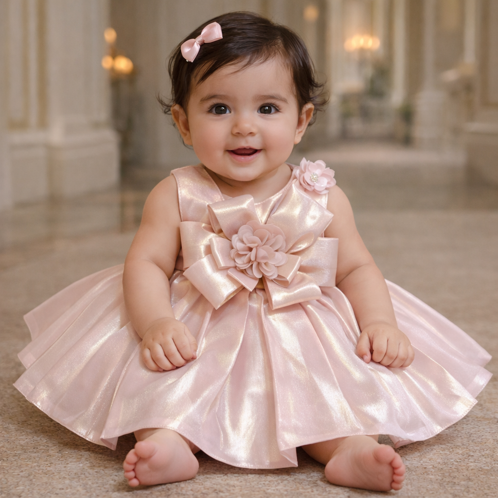 DeeVee Creations New Baby Girl Champagne Shimmer Organza Party Dress with Floral Bow