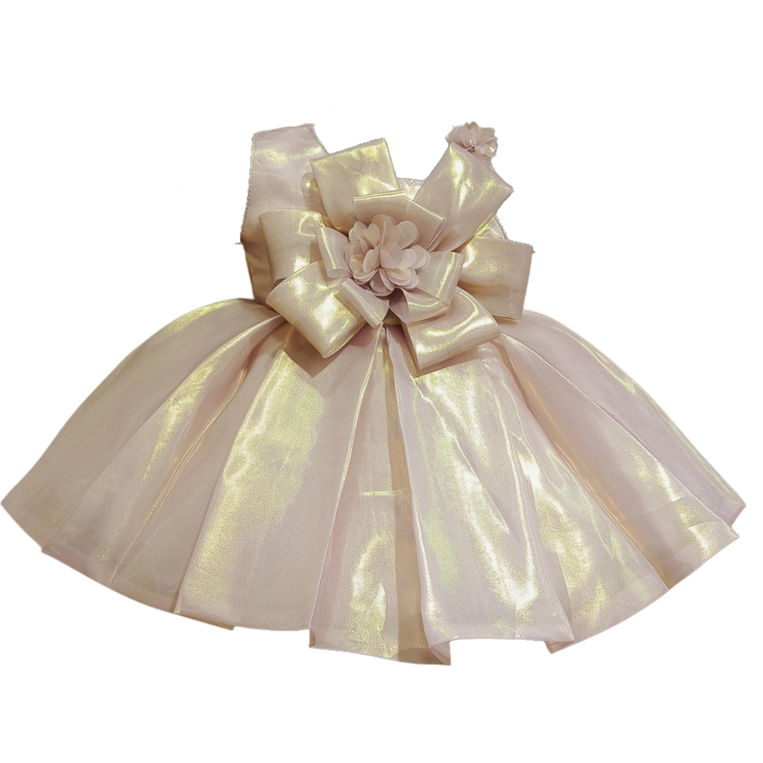 DeeVee Creations New Baby Girl Champagne Shimmer Organza Party Dress with Floral Bow - Image 2