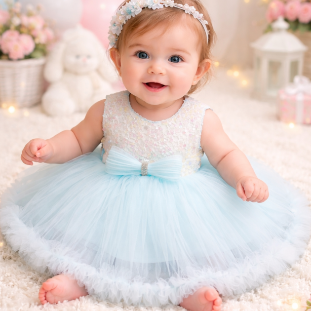 DeeVee creations New Baby Girl Luxury Aqua Tulle Party Dress with Pleated Bow