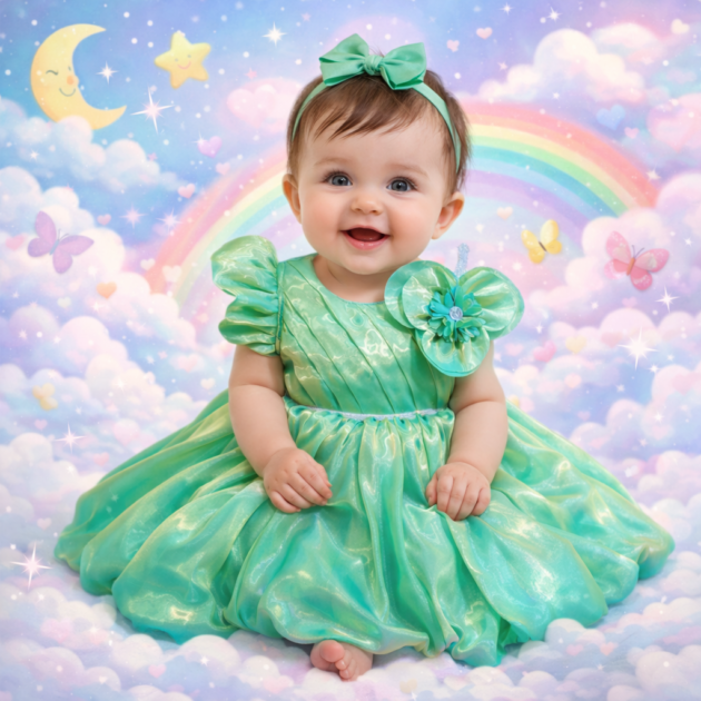 DeeVee Creations Baby Girls Golden Satin Party Dress with Puff Sleeves & Floral Applique  with free bracelet