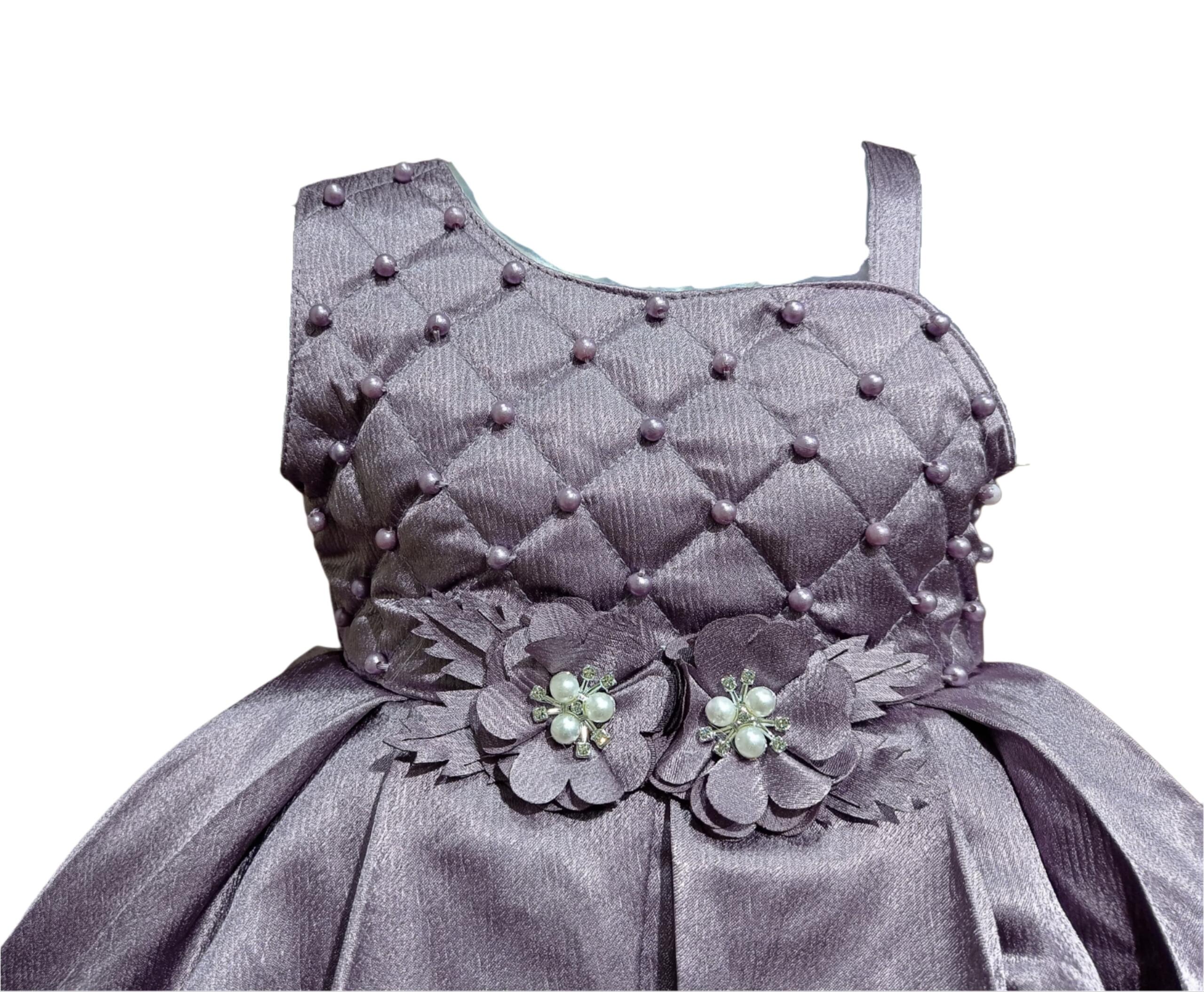 DeeVee Creations Baby Girls Pink Satin Party Dress with Pearl Embellished Bodice & Floral Waist Detail – Birthday & Wedding Wear Frock - Image 3