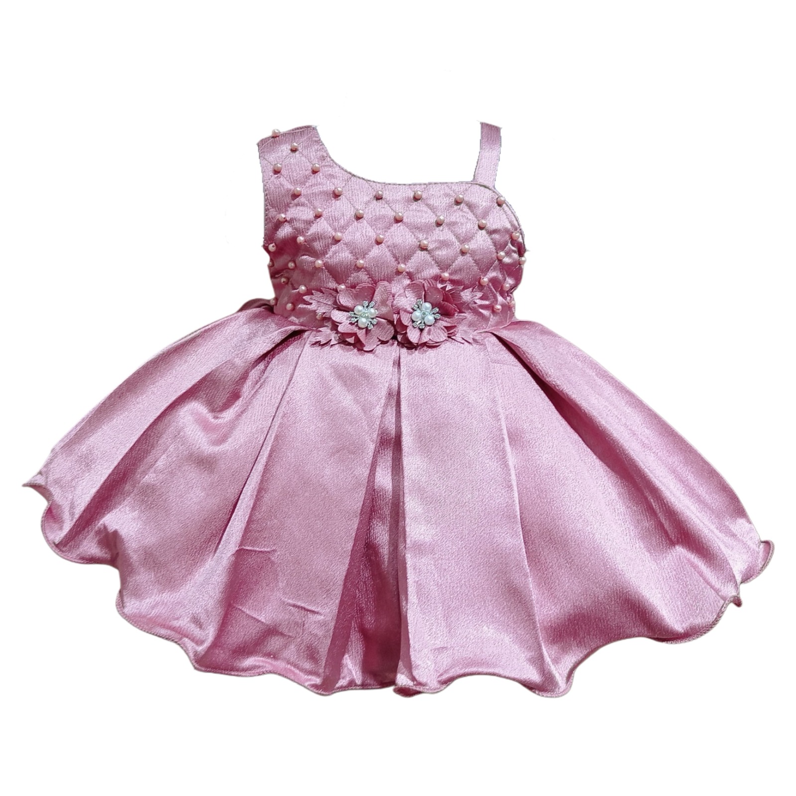 DeeVee Creations Baby Girls Pink Satin Party Dress with Pearl Embellished Bodice & Floral Waist Detail – Birthday & Wedding Wear Frock - Image 5