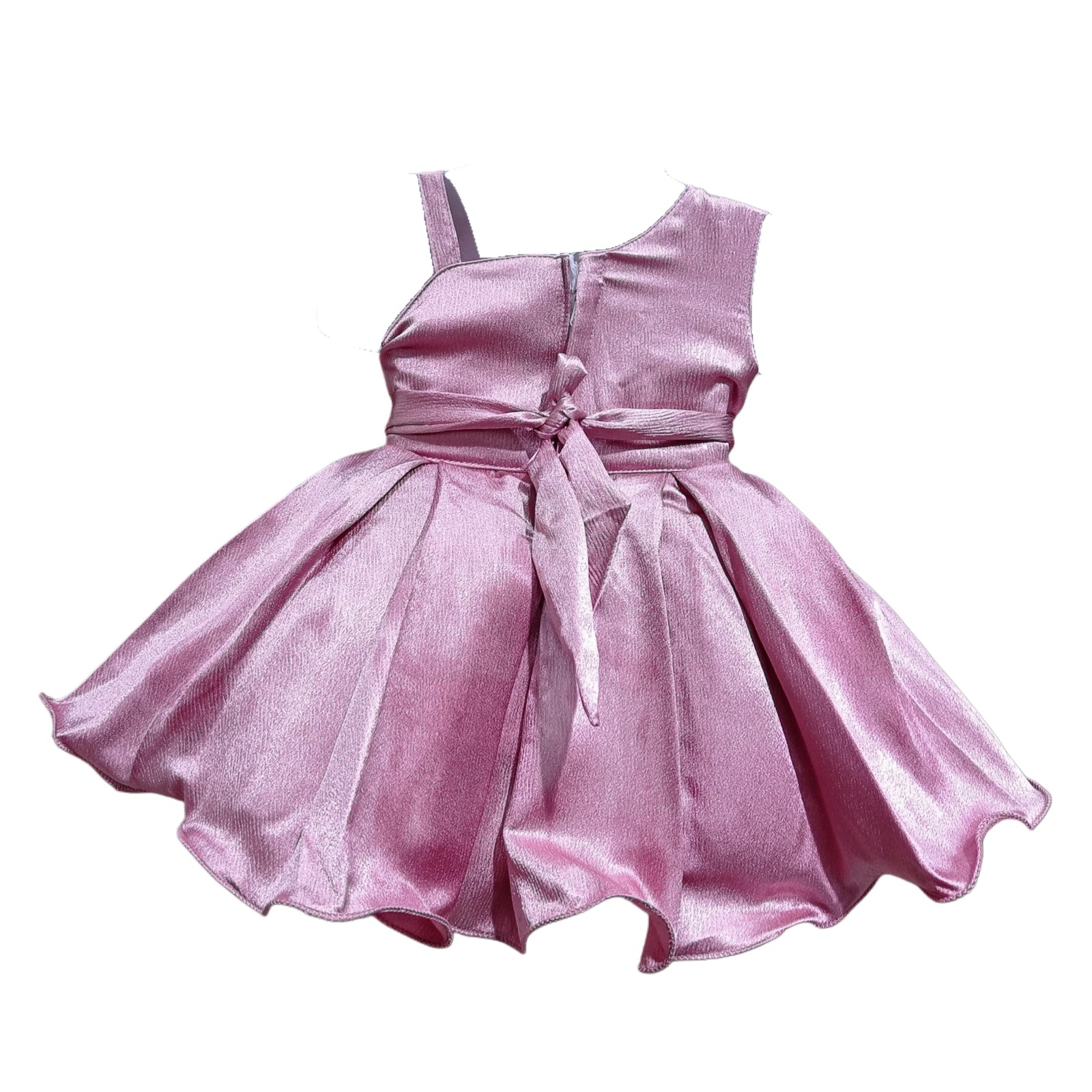 DeeVee Creations Baby Girls Pink Satin Party Dress with Pearl Embellished Bodice & Floral Waist Detail – Birthday & Wedding Wear Frock - Image 7