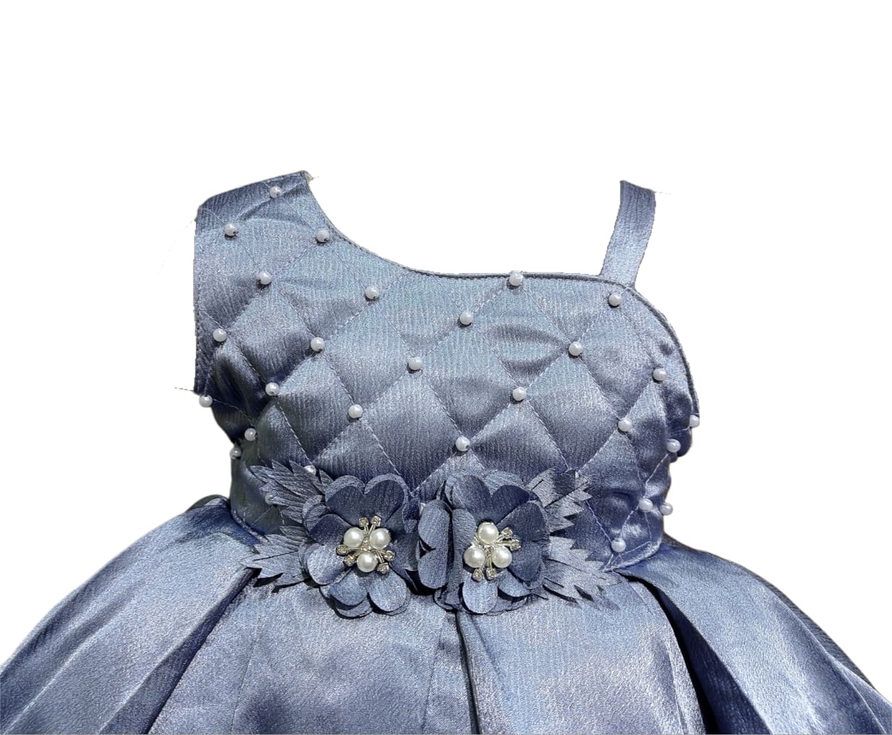 DeeVee Creations Baby Girls Pink Satin Party Dress with Pearl Embellished Bodice & Floral Waist Detail – Birthday & Wedding Wear Frock - Image 9