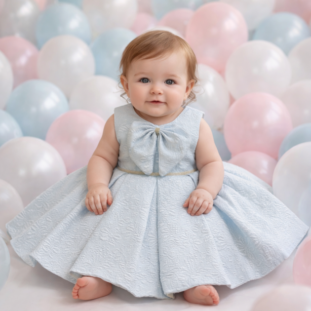 DeeVee Creations Baby Girls Elegant Sky Blue Jacquard Party Dress with Statement Bow & Gold Waist Belt – Birthday & Wedding Wear Frock