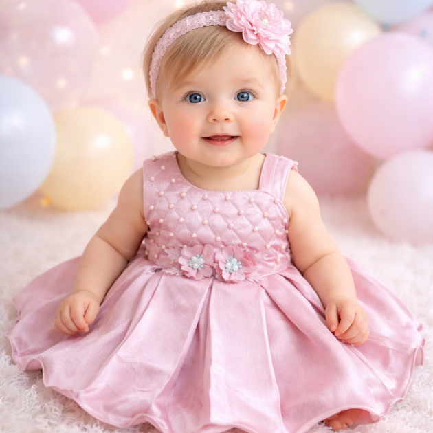 DeeVee Creations Baby Girls Pink Satin Party Dress with Pearl Embellished Bodice & Floral Waist Detail – Birthday & Wedding Wear Frock