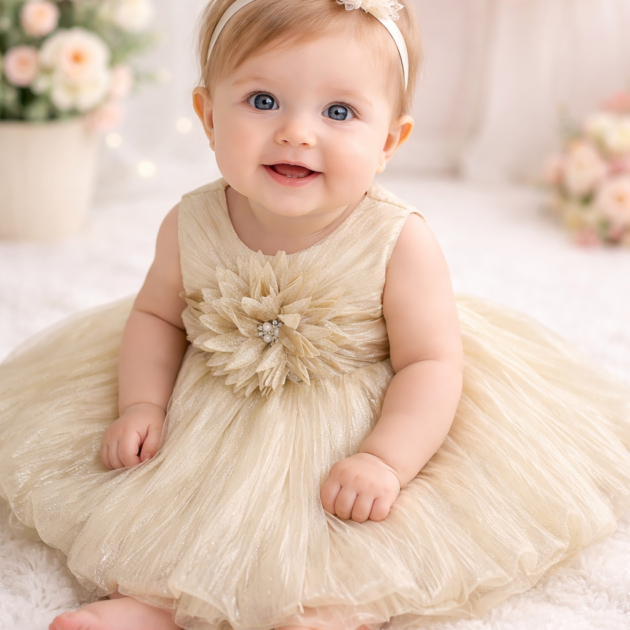 DeeVee Creations Baby Girls Gold Princess Party Frock with Big Flower Detail – with Free Hand Bracelet