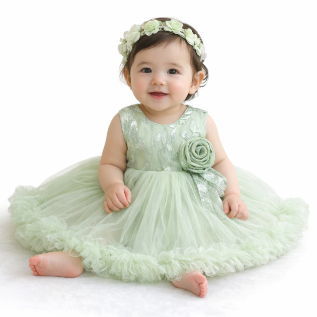 DeeVee Creations Baby Girls Floral Embroidered Net Party Dress with 3D Rose Applique