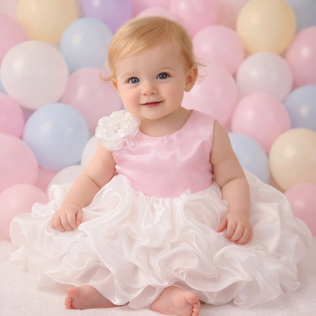 DeeVee Creations Baby Girls Satin & White Organza Ruffle Party Dress with Floral Applique