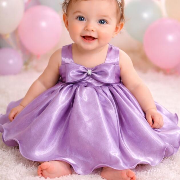DeeVee Creations Princess Aura Purple Satin Occasion Dress for Baby Girls with Free Walking Shoes