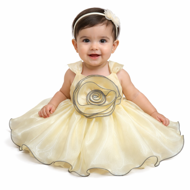 DeeVee Girls Premium Organza Party Dress with Elegant Floral Applique – with Free Walking Shoes.