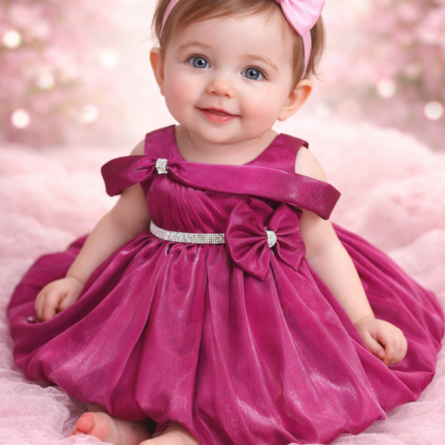 DeeVee Baby Girls Elegant Satin Party Dress with Bow & Rhinestone Belt
