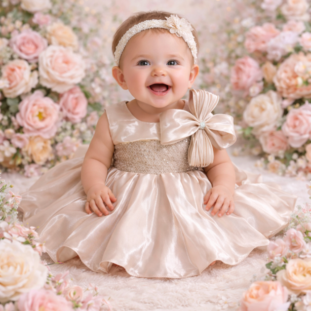 DeeVee Baby Girls  Shimmer Party Dress with Bow Shoulder & Flared Skirt