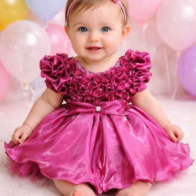 DeeVee Baby Girls Shimmer Party Dress with Ruffle Bodice & Bow Detail