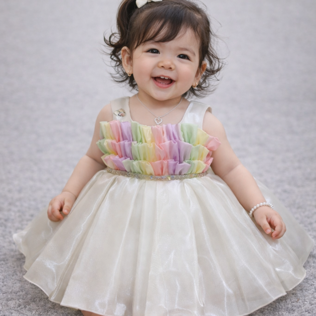 DeeVee Baby Girls Rainbow Ruffle Party Dress with Shimmer Flared Skirt
