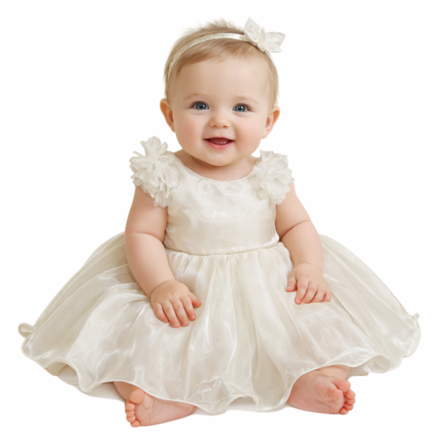 DeeVee Baby Girls Ivory Princess Party Dress with Floral Shoulder Appliqué & Shimmer Flared Skirt