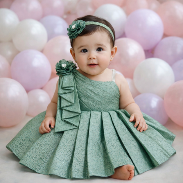 DeeVee Creations Girls Elegant Party Dress with Flower Shoulder Detail