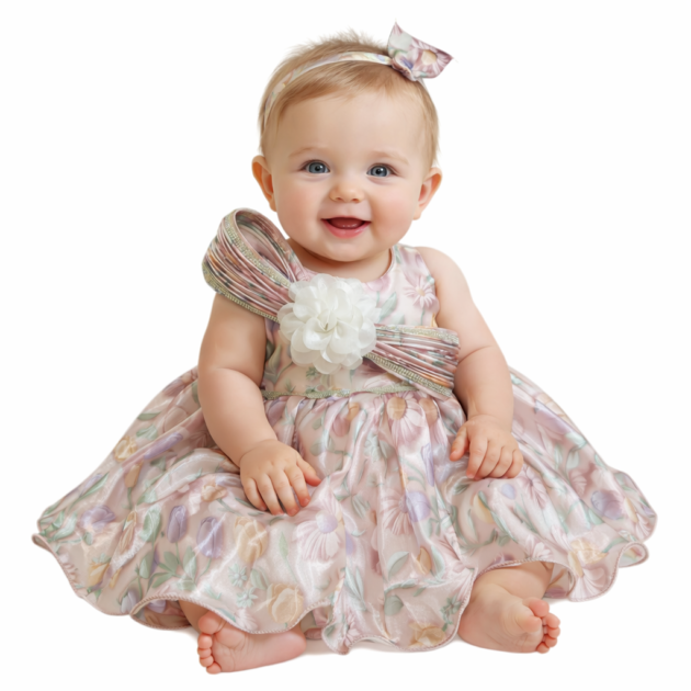 DeeVee Baby Girls Floral Satin Party Dress with Bow Shoulder & Flower Appliqué