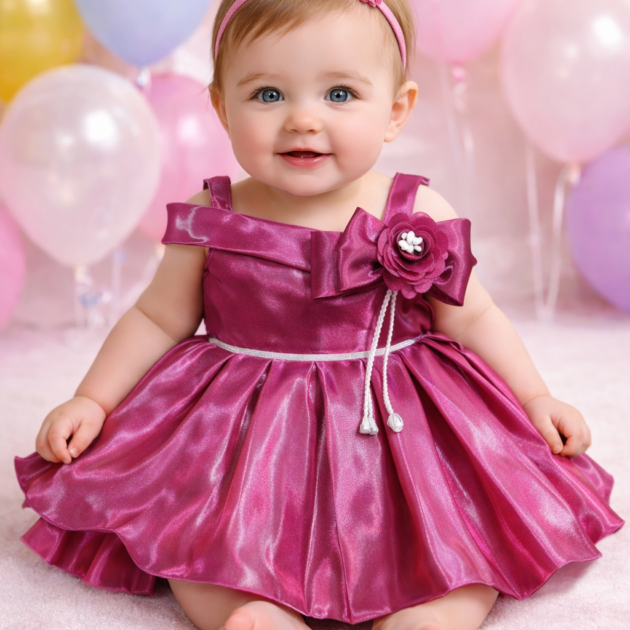 DeeVee Baby Girls Wine Pink Satin Party Dress with Bow & Floral Appliqué