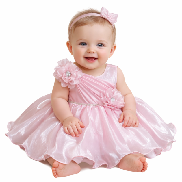 Baby Girls Pink Satin Organza Party Dress with Floral Appliqué, with Free Walking Shoes