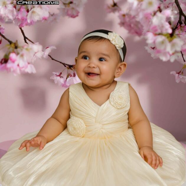 DeeVee Creations Baby Girls' Party Frock with Floral Embellishments & FREE Matching Colored Headband