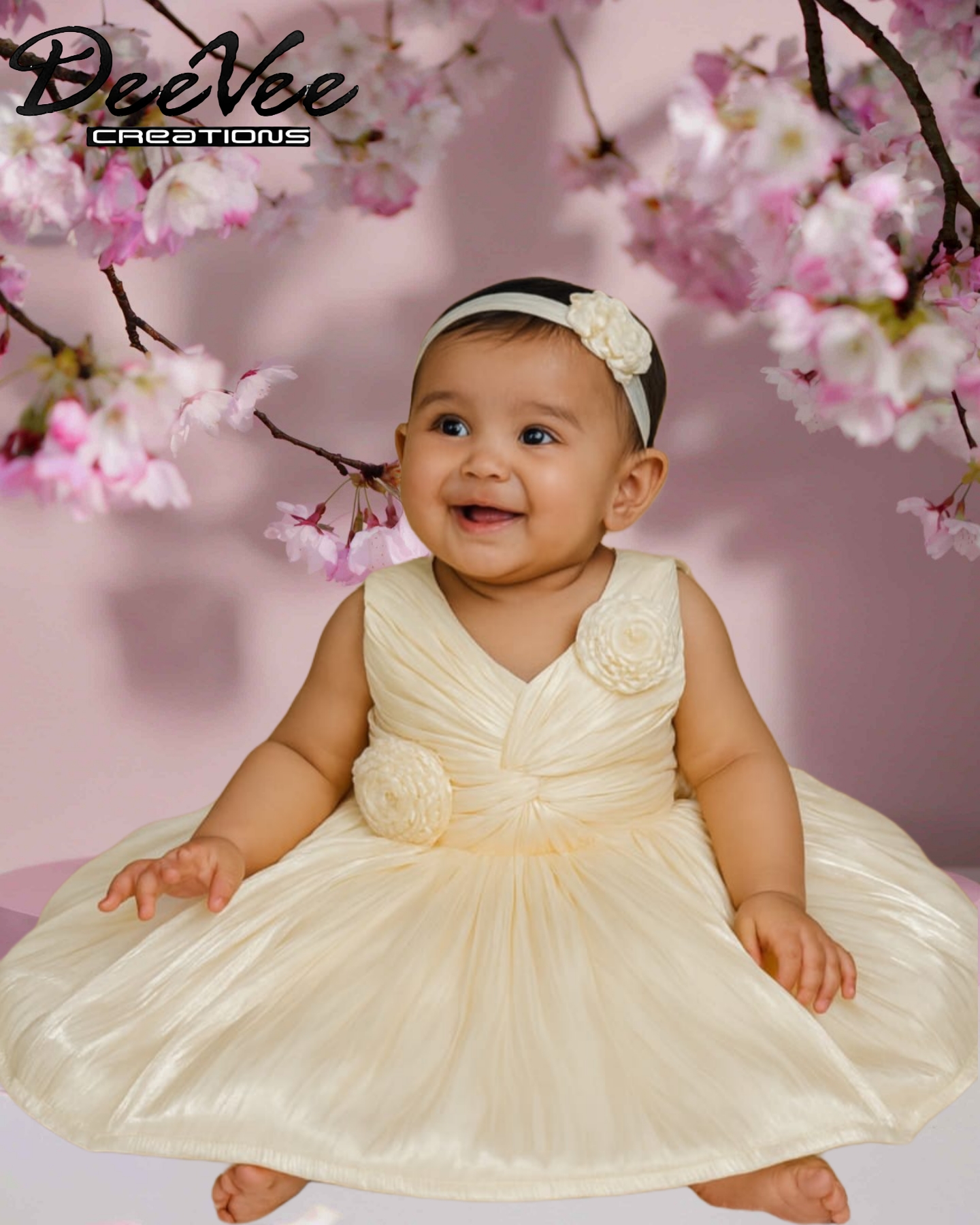 DeeVee Creations Baby Girls' Party Frock with Floral Embellishments & FREE Matching Colored Headband