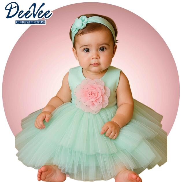 DeeVee Creations Baby Girls Frock with 3D Floral Embellishments & Free Pair of First Walking Shoes of Matching Colour