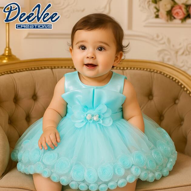 DeeVee Creations New Baby Girl Party Dress With Flower Applique & Rosette Hem