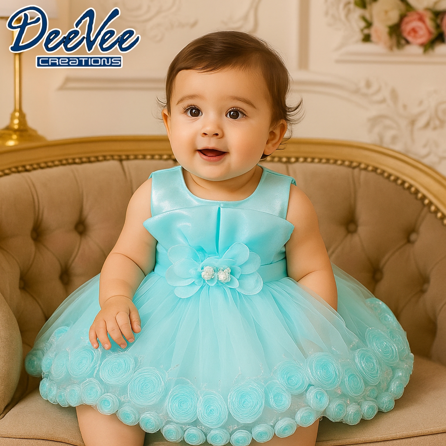 DeeVee Creations New Baby Girl Party Dress With Flower Applique & Rosette Hem