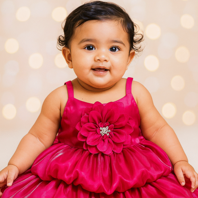 DeeVee Creations Beautiful And Elegant Double Balloon Flared Frock With Big Flower In Bodice.