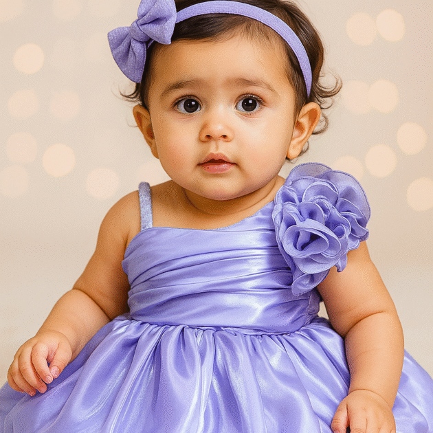 DeeVee Creations Stylish Party Wear Frock with One Side Rhinestone Shoulder Strip and a Ruffled Short Sleeve