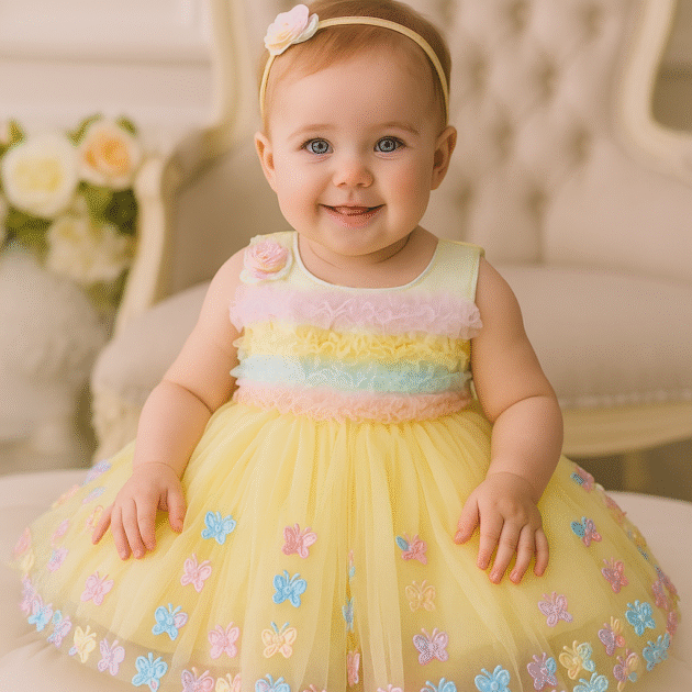 DeeVee Creations New Baby Girl Rainbow Frock With 3D Flower Applique