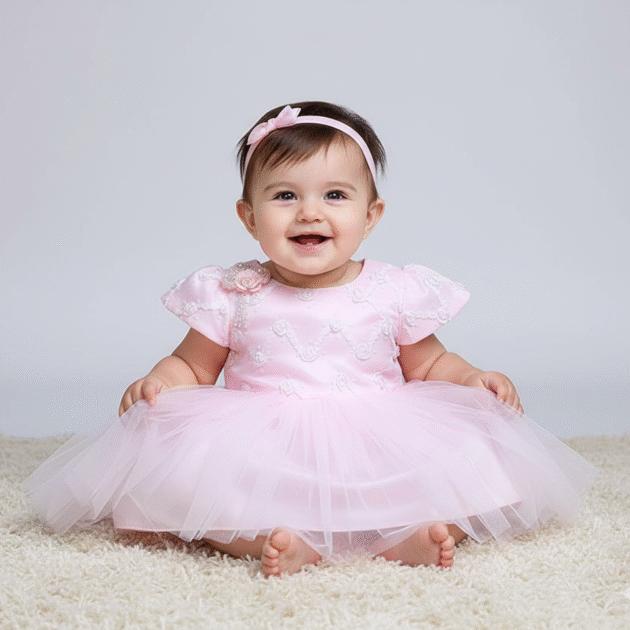 DeeVee Creations Baby Girls Party Frock With Floral Embroidered Bodice