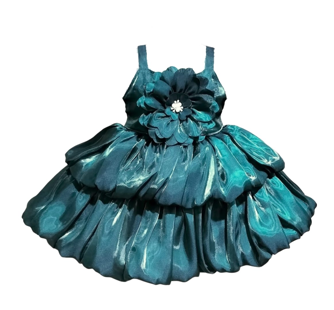 DeeVee Creations Beautiful And Elegant Double Balloon Flared Frock With Big Flower In Bodice. - Image 11