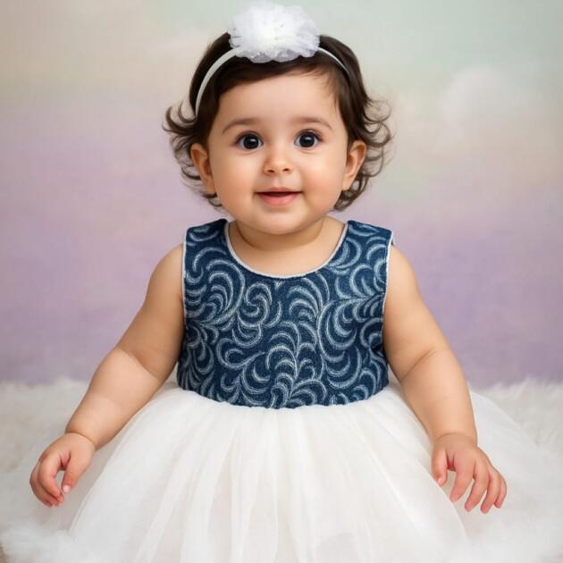 DeeVee Creations New Baby Girls Party Frock with Sequined Bodice & 3D Bow Embellishment