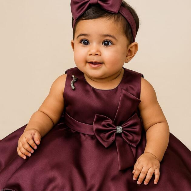 DeeVee Creations Baby Girls Party Dress With Bow Embellishment & Crystal Brooch Details