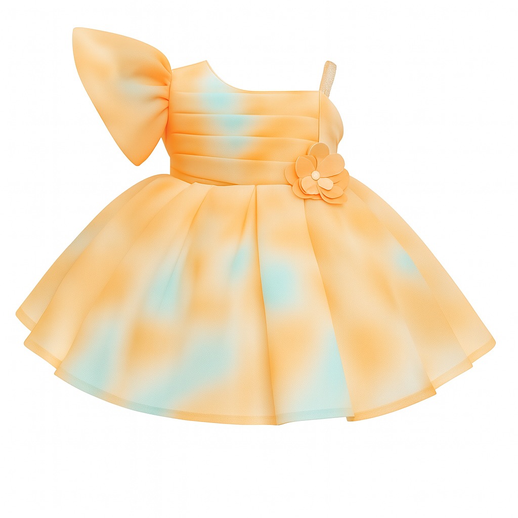 DeeVee Creations New Baby Aqua Ombre One-Shoulder Puff Sleeve Baby Girl Party Dress with Floral Waist Accent & Flowy Layered Skirt – Elegant Birthday, Photoshoot & Special Occasion Outfit - Image 3