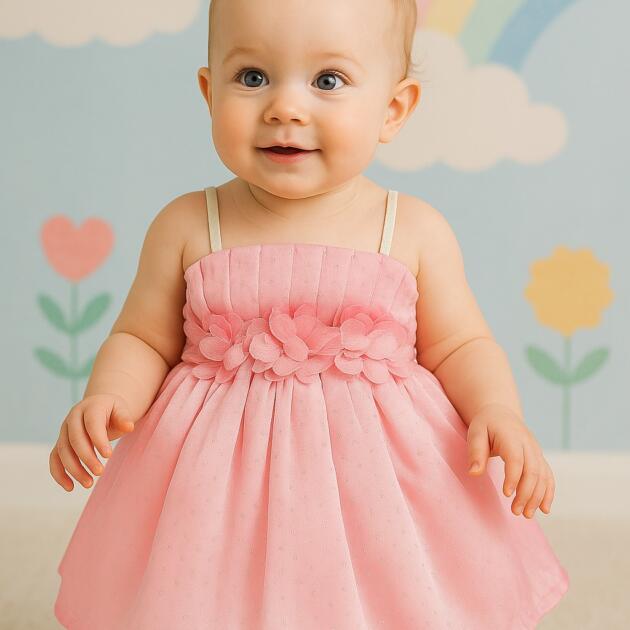 DeeVee Creations New Premium Soft Baby Dress with Floral Embellished Waist, Spaghetti Straps and Light Flared Silhouette – Suitable for Events, Weddings, Photoshoots and Celebration Wear