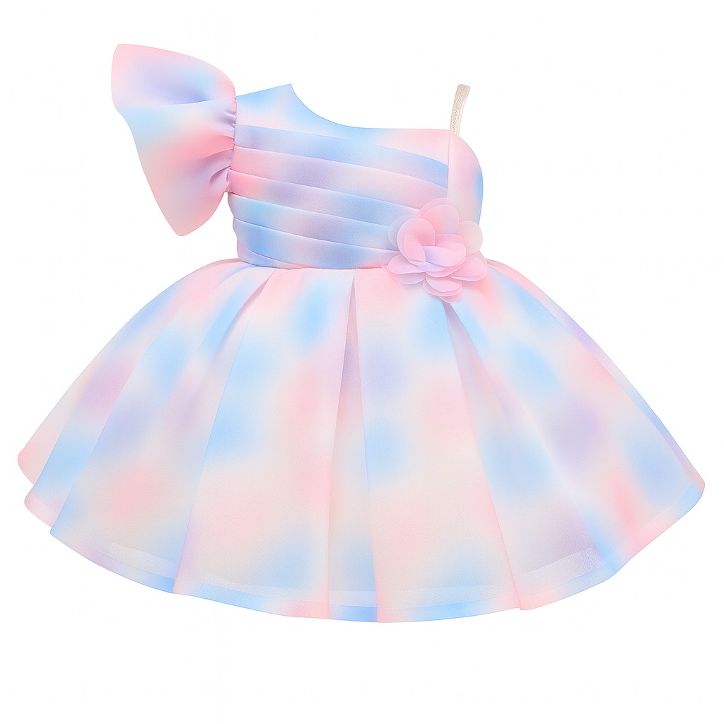 DeeVee Creations New Baby Aqua Ombre One-Shoulder Puff Sleeve Baby Girl Party Dress with Floral Waist Accent & Flowy Layered Skirt – Elegant Birthday, Photoshoot & Special Occasion Outfit - Image 2