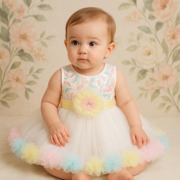 DeeVee Creations New Pastel Unicorn Theme Party Dress with Floral Waist Detail for Baby Girls