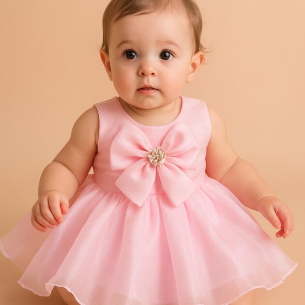 DeeVee Creations New Elegant Pink Baby Frock with Shiny Organza Layers and Floral Pearl Bow – Perfect for Celebrations, Gifting and Festive Wear