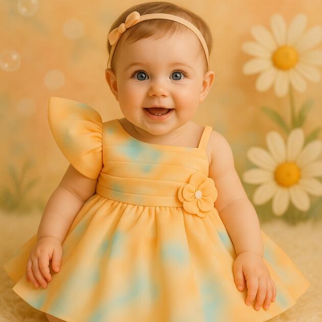 DeeVee Creations New Baby Aqua Ombre One-Shoulder Puff Sleeve Baby Girl Party Dress with Floral Waist Accent & Flowy Layered Skirt – Elegant Birthday, Photoshoot & Special Occasion Outfit