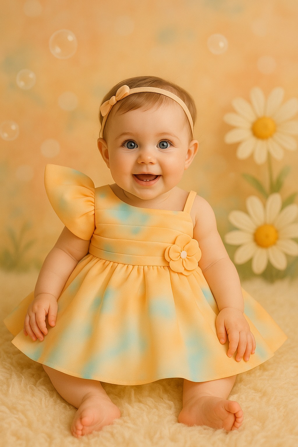 DeeVee Creations New Baby Aqua Ombre One-Shoulder Puff Sleeve Baby Girl Party Dress with Floral Waist Accent & Flowy Layered Skirt – Elegant Birthday, Photoshoot & Special Occasion Outfit