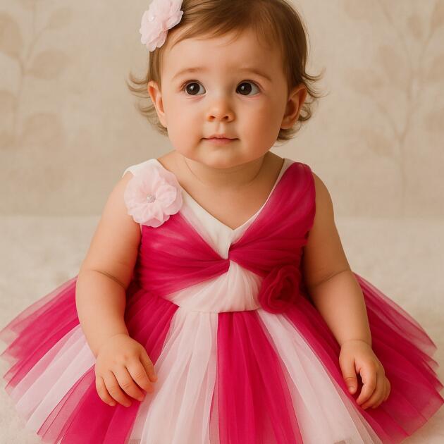 DeeVee Creations New Baby Party Dress with Draped Crossover Bodice, 3D Floral Appliqués, and Voluminous Multi-Panel Princess frock