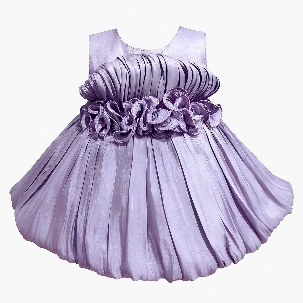 DeeVee Creations New Elegant Satin Baby Girl Special Occasion Dress with Floral Rosette Waistline, Gold Butterfly Accent & Voluminous Pleated frock - Image 3