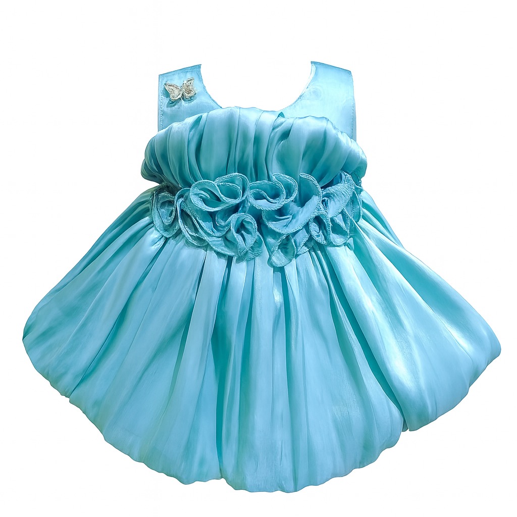 DeeVee Creations New Elegant Satin Baby Girl Special Occasion Dress with Floral Rosette Waistline, Gold Butterfly Accent & Voluminous Pleated frock - Image 2