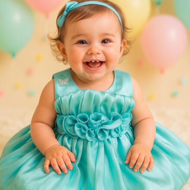 DeeVee Creations New Elegant Satin Baby Girl Special Occasion Dress with Floral Rosette Waistline, Gold Butterfly Accent & Voluminous Pleated frock